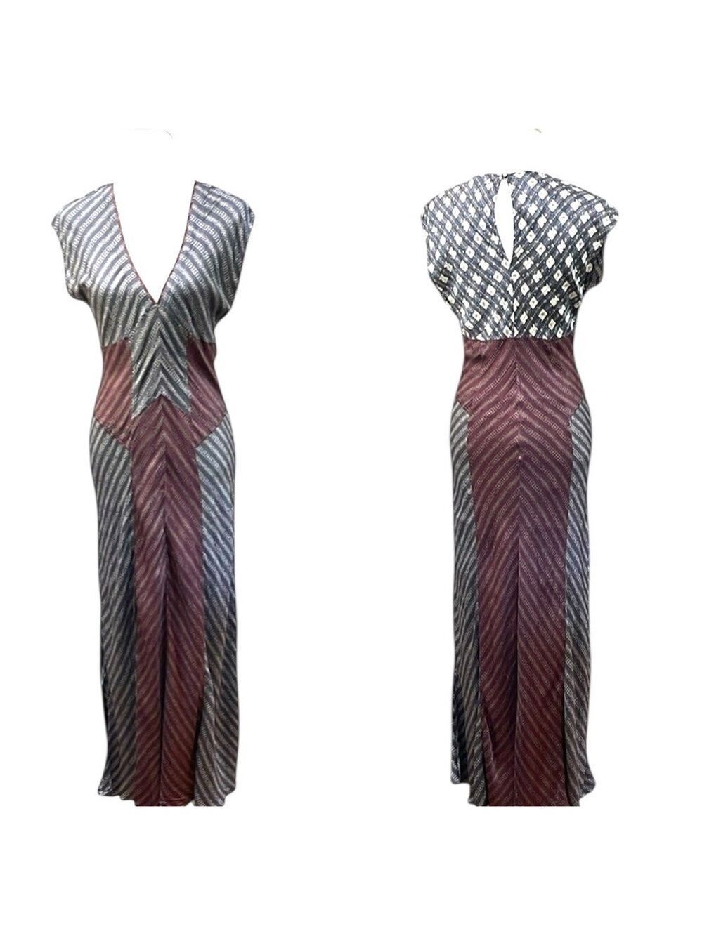 Burning Torch Silk Blend Multi Patterned Maxi Slip Dress SZ S Grey Burgundy